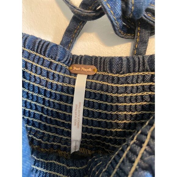 NWT Free People "This is Everything" baby doll Tie smocked Denim Mini Dress XS - Picture 5 of 9